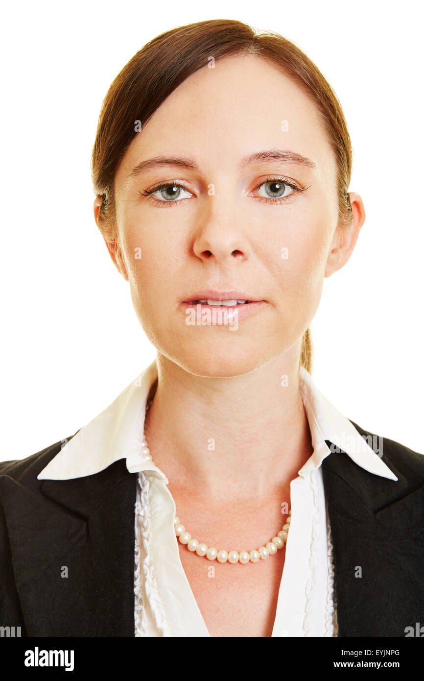 Neutral face of business woman for frontal head shot Stock Photo