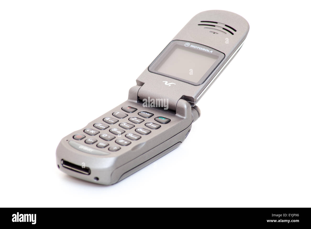 Motorola V-Series retro flip phone titan look. All on white background Stock Photo