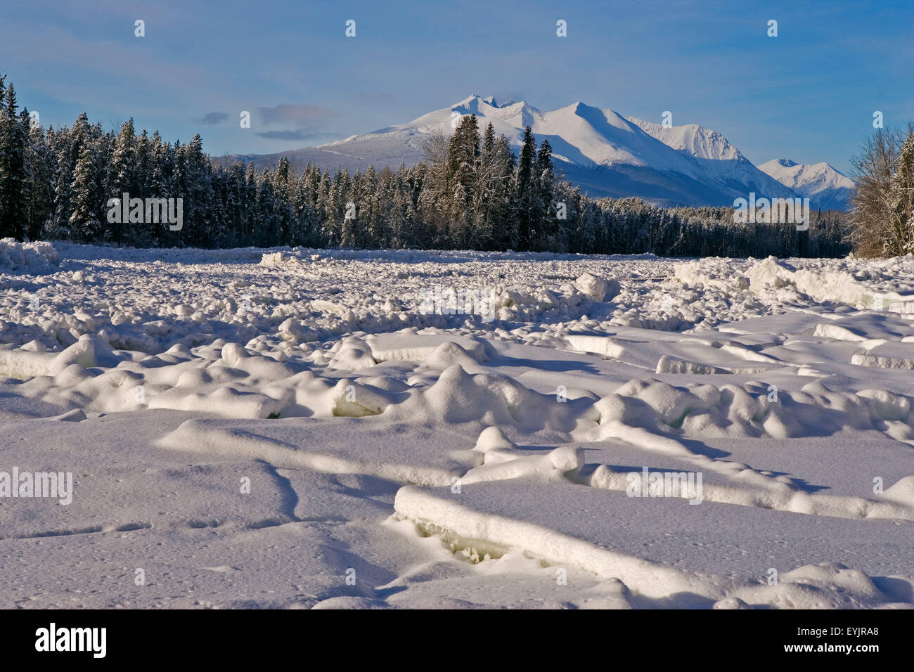 Beautiful View of Hudson Bay Mountain with frozen Bulkley River in foreground, British Columbia,Canada Stock Photo