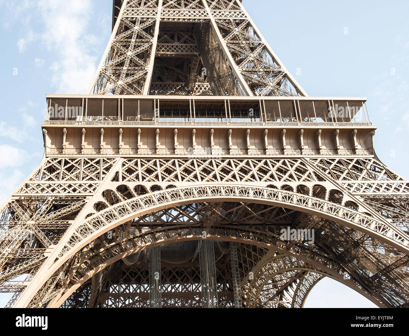 The Eiffel Tower (La Tour Eiffel) in Paris France over cloudy blue sky. Detail of iron construction Stock Photo