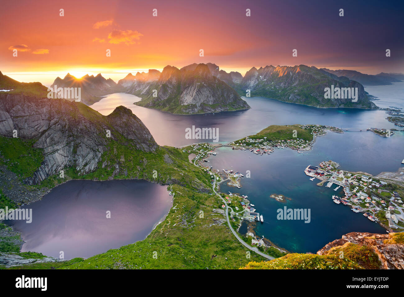 Norway. View from Reinebringen at Lofoten Islands, located in Norway, during summer sunset. Stock Photo