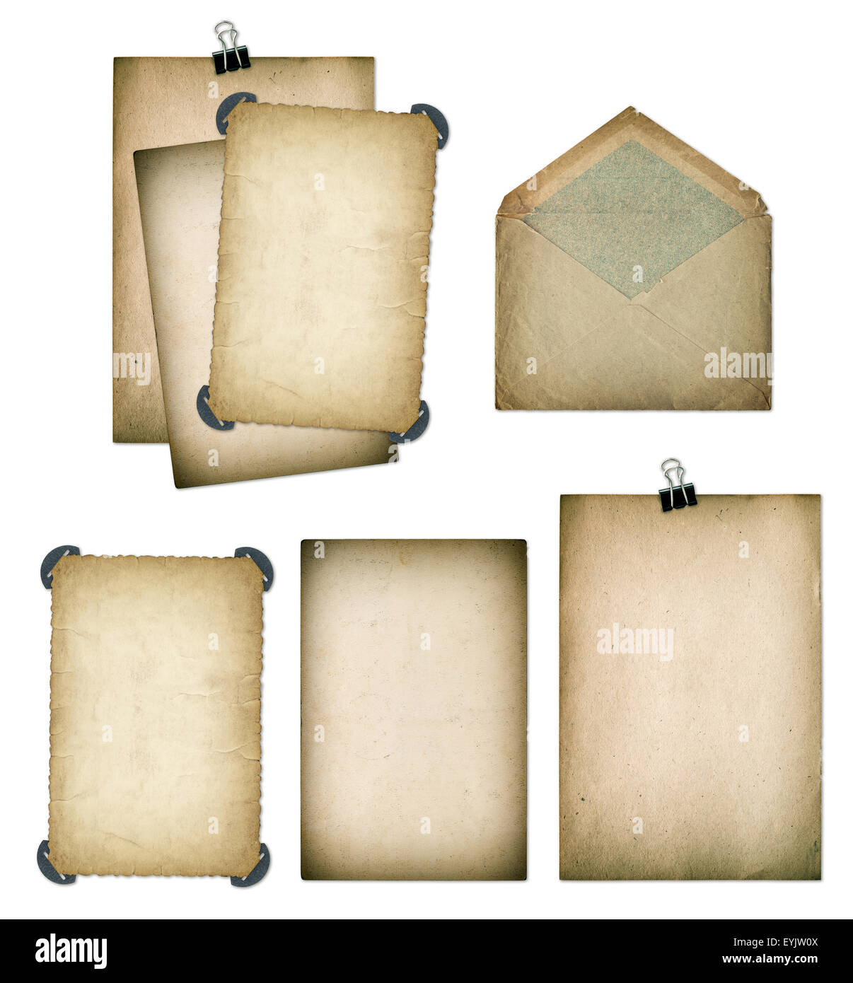 Old paper sheets and envelope. Grungy textured cardboard isolated on white background. Scrapbook elements with shadow Stock Photo