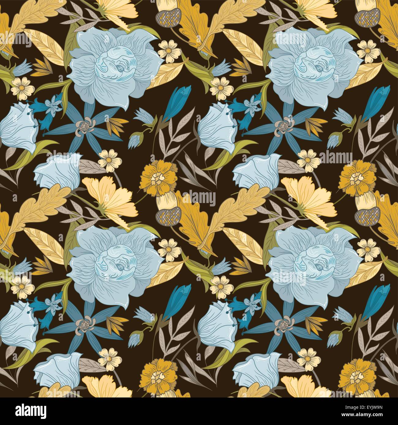 Seamless texture with blue flowers and yellow leaves on brown ...