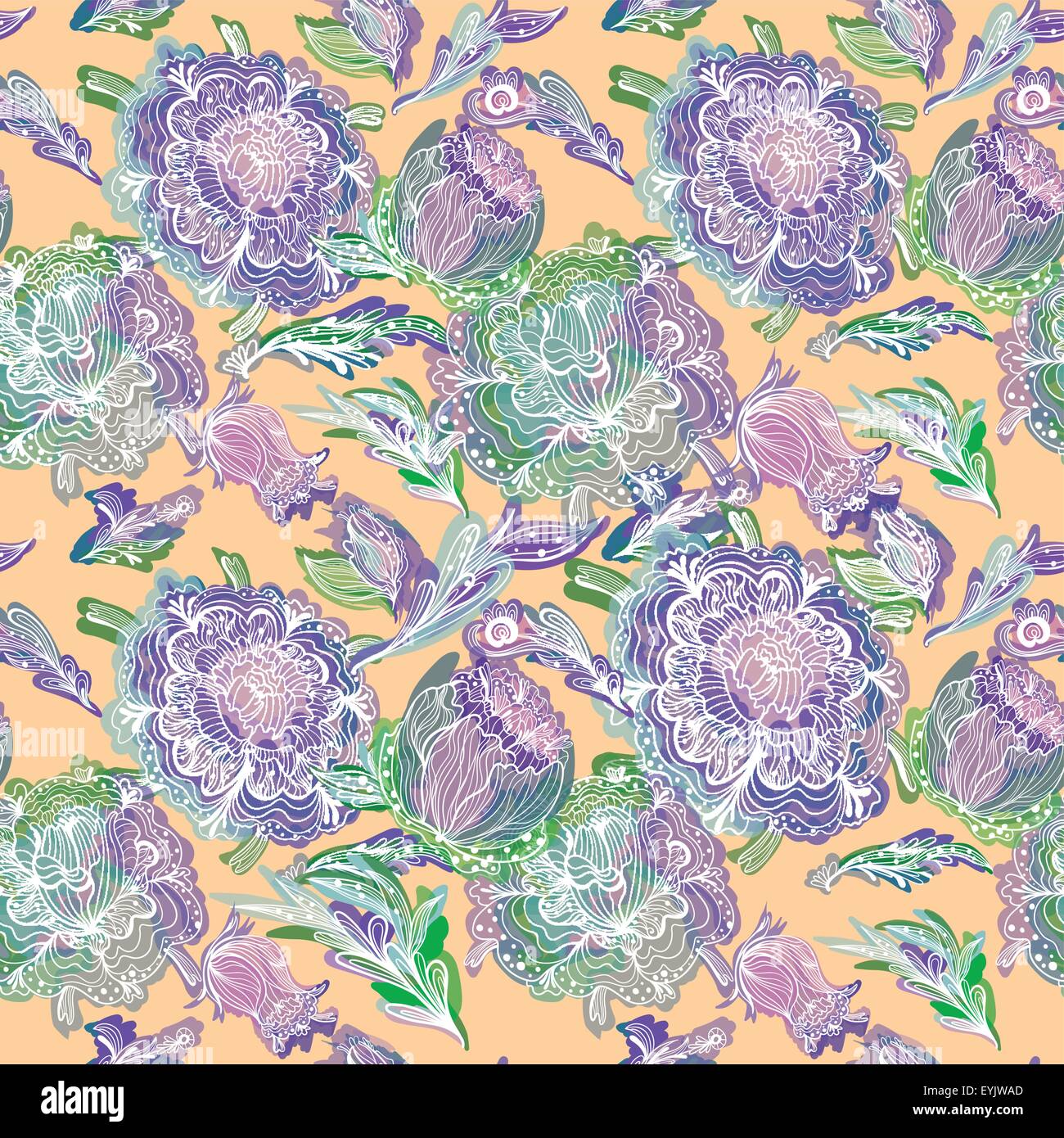 Romantic vector illustration with purple, pink and mint flowers on