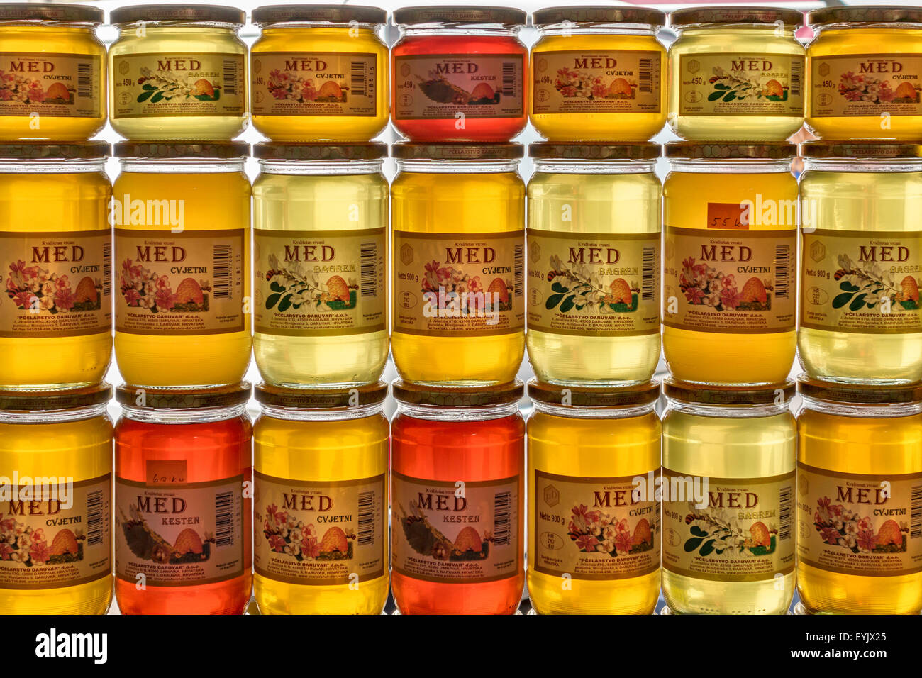 Pula, Croatia. Jars of local honey for sale in the central food market