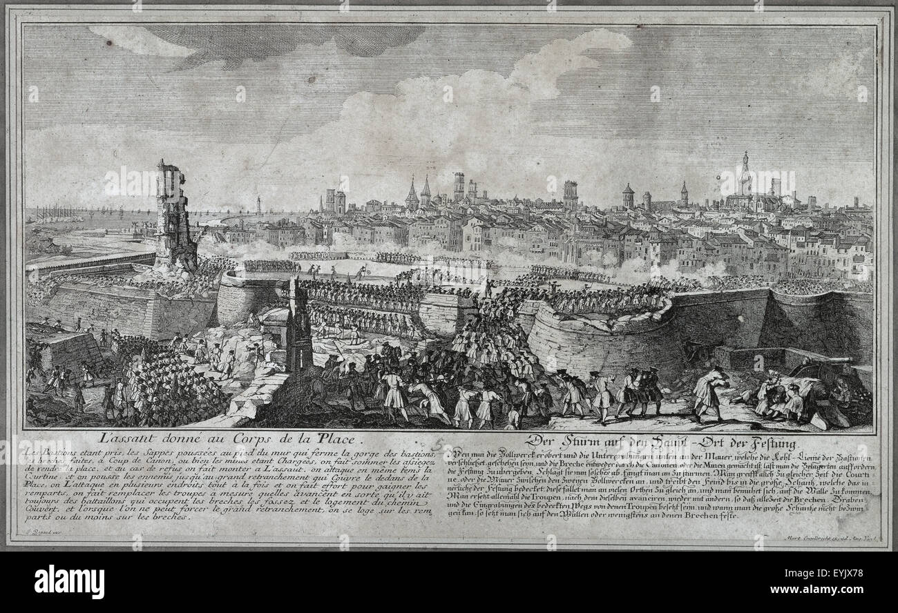 War of Spanish Succession (1702-1715). Entry of the troops of Philip V in Barcelona in 1714, opening gaps in the wall of the city with guns and mines, to render the place. Drawing by P. Rigaud and engraving by M. Engelbrecht, 1722. Stock Photo