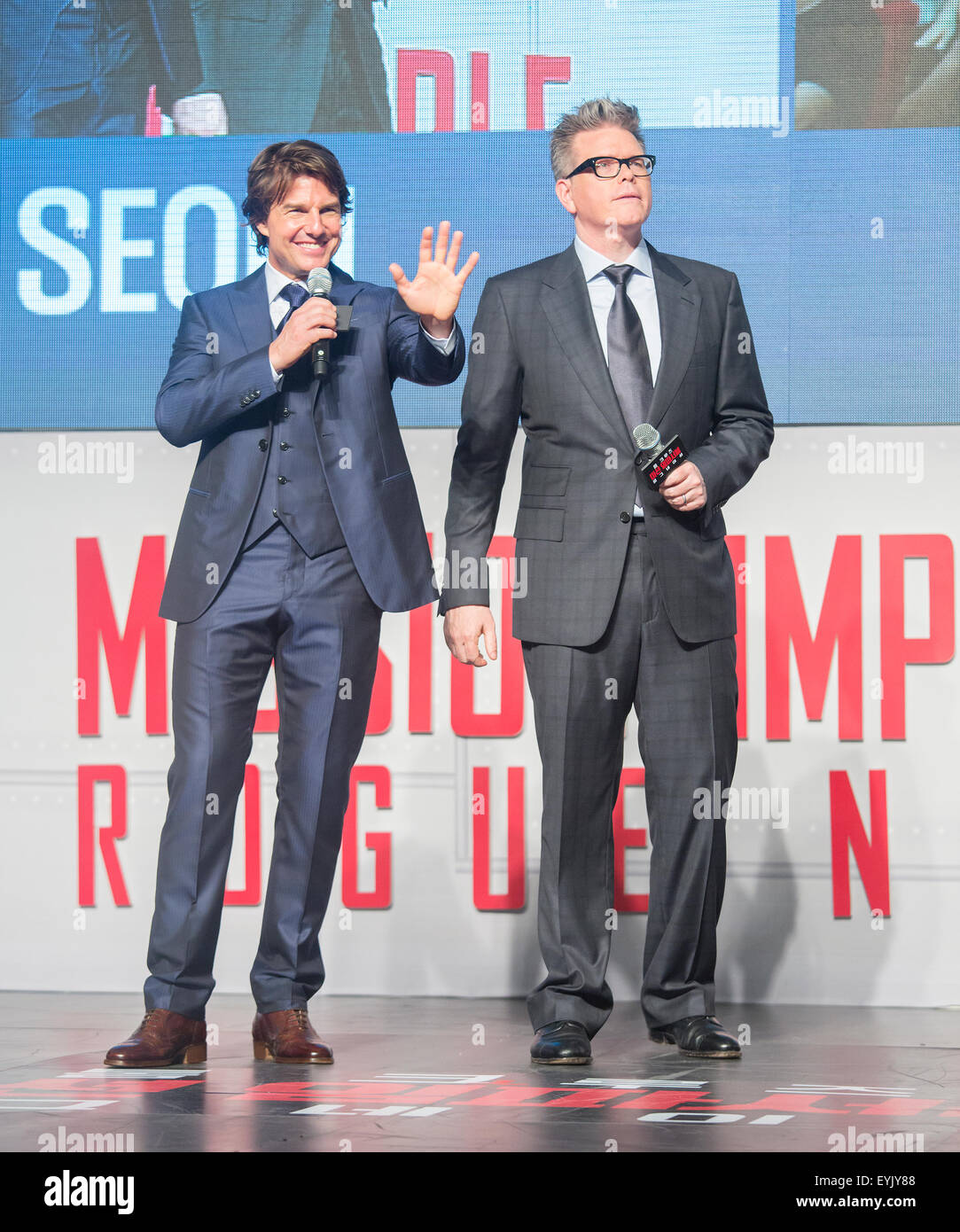 Tom Cruise and Christopher McQuarrie, Jul 30, 2015 : Hollywood star Tom  Cruise (L) and director Christopher McQuarrie attend a red carpet event to  promote \, image size:1083x1390