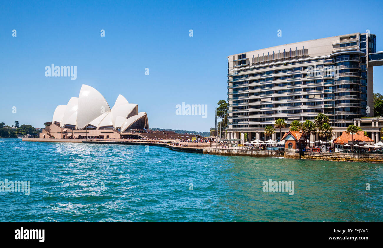 Australia, New South Wales, Sydney, view of Sydney Cove with Circular Quay East and Sydney Opera House at Bennelong Point Stock Photo