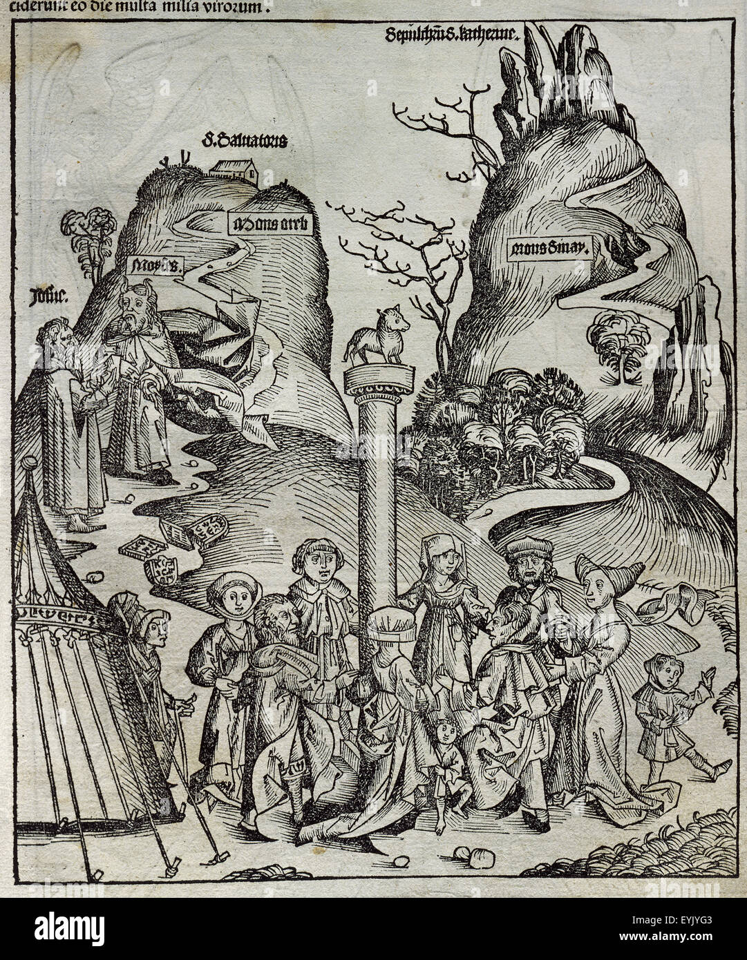 Old Testament. Moses  broken the tables of the law. The Israelites during Mose´s absence adoring the idol of Golden calf. Engraving. Liber Chronicarum by Hartman Shedel. 15th century. Stock Photo