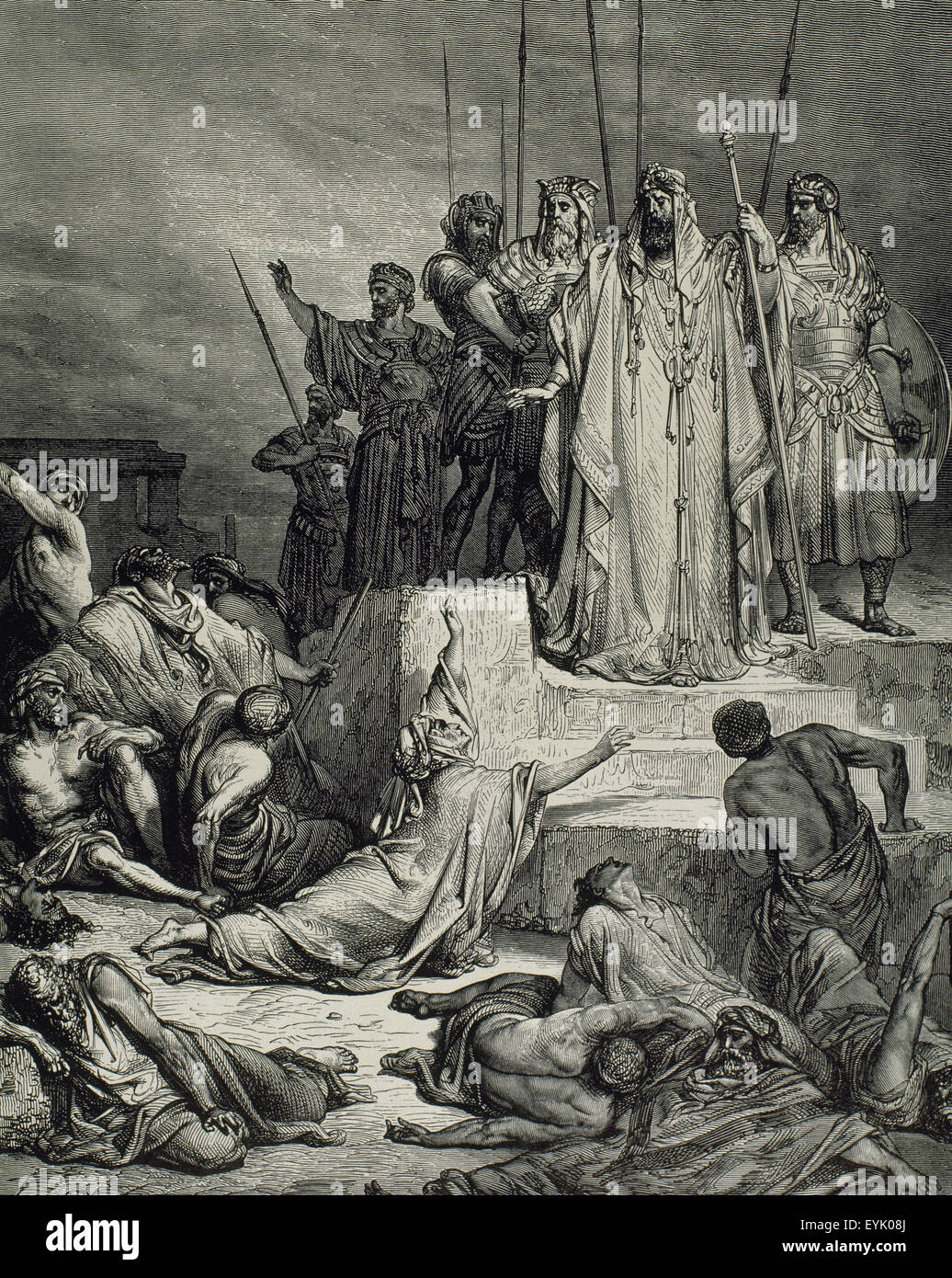 Old Testament. The Famine in Samaria. Bible engraving by Gustave Dore, 19th century. Stock Photo