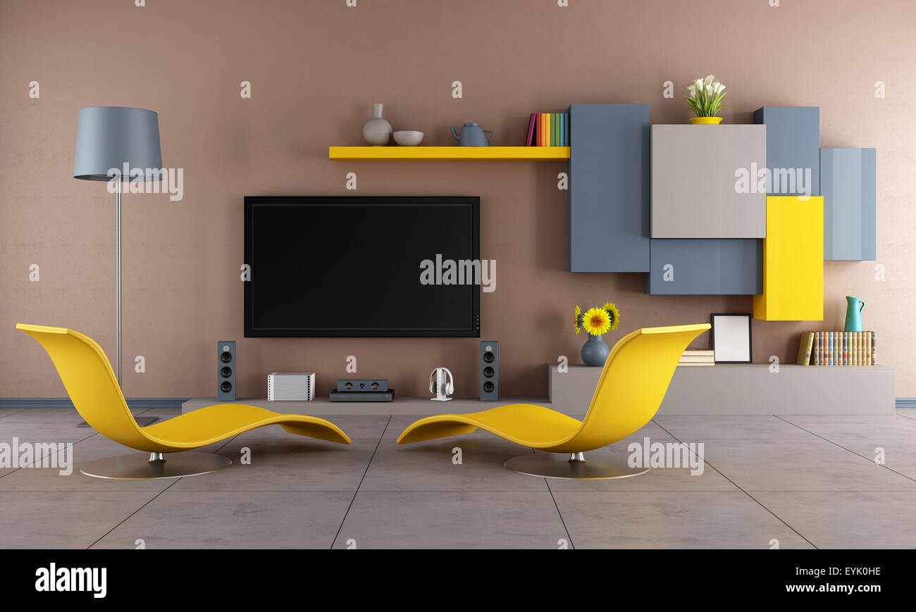 Colorful living room with two chaiselounge and Tv set 3d Rendering