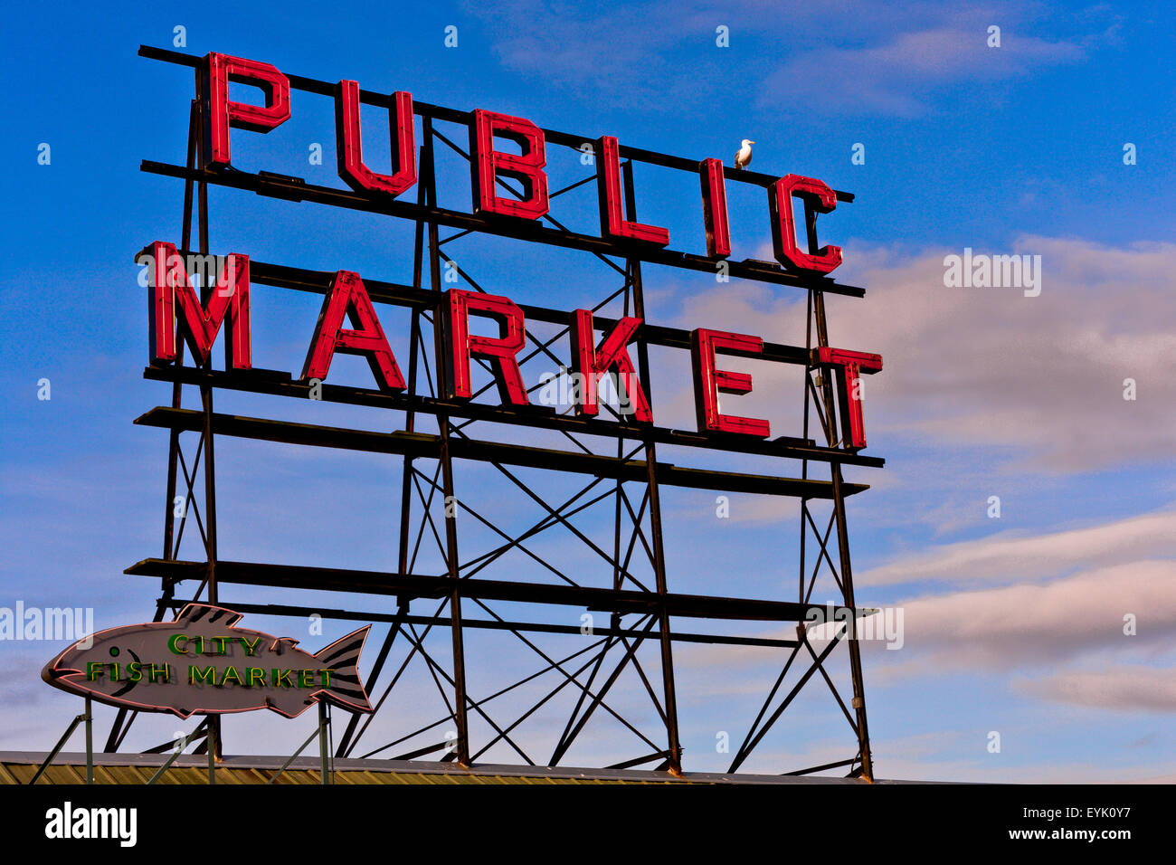 Public Market sign above Pike Place Market in Seattle, famous for it's locally caught fish and Farmer's Market , Seattle Washington , USA Stock Photo