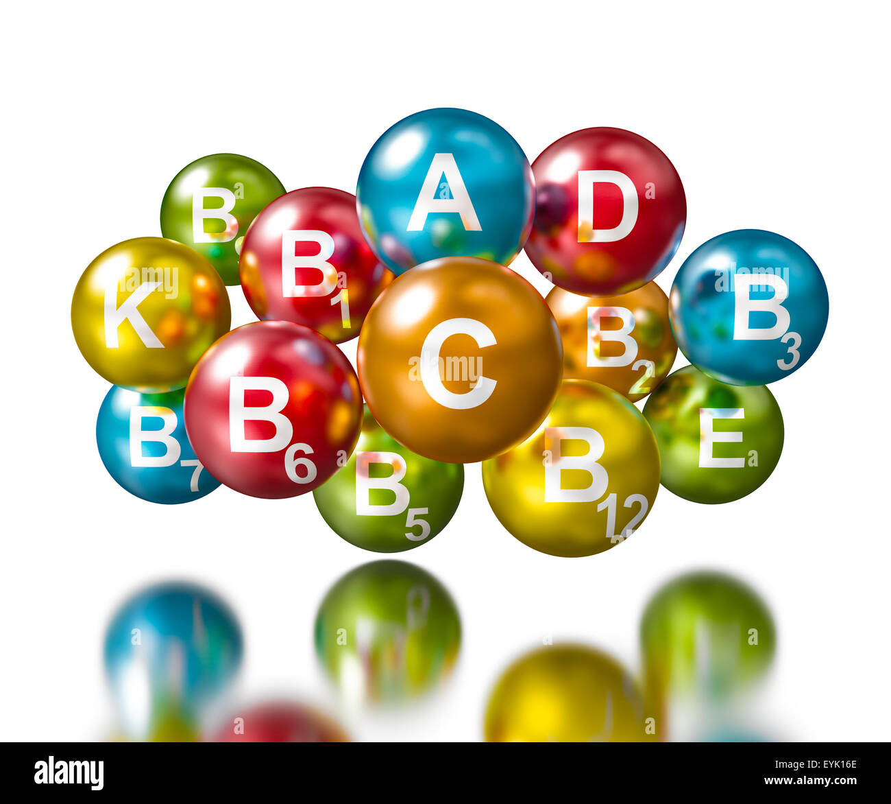 Vitamins concept -spherical pills with vitamin names on white with reflection Stock Photo