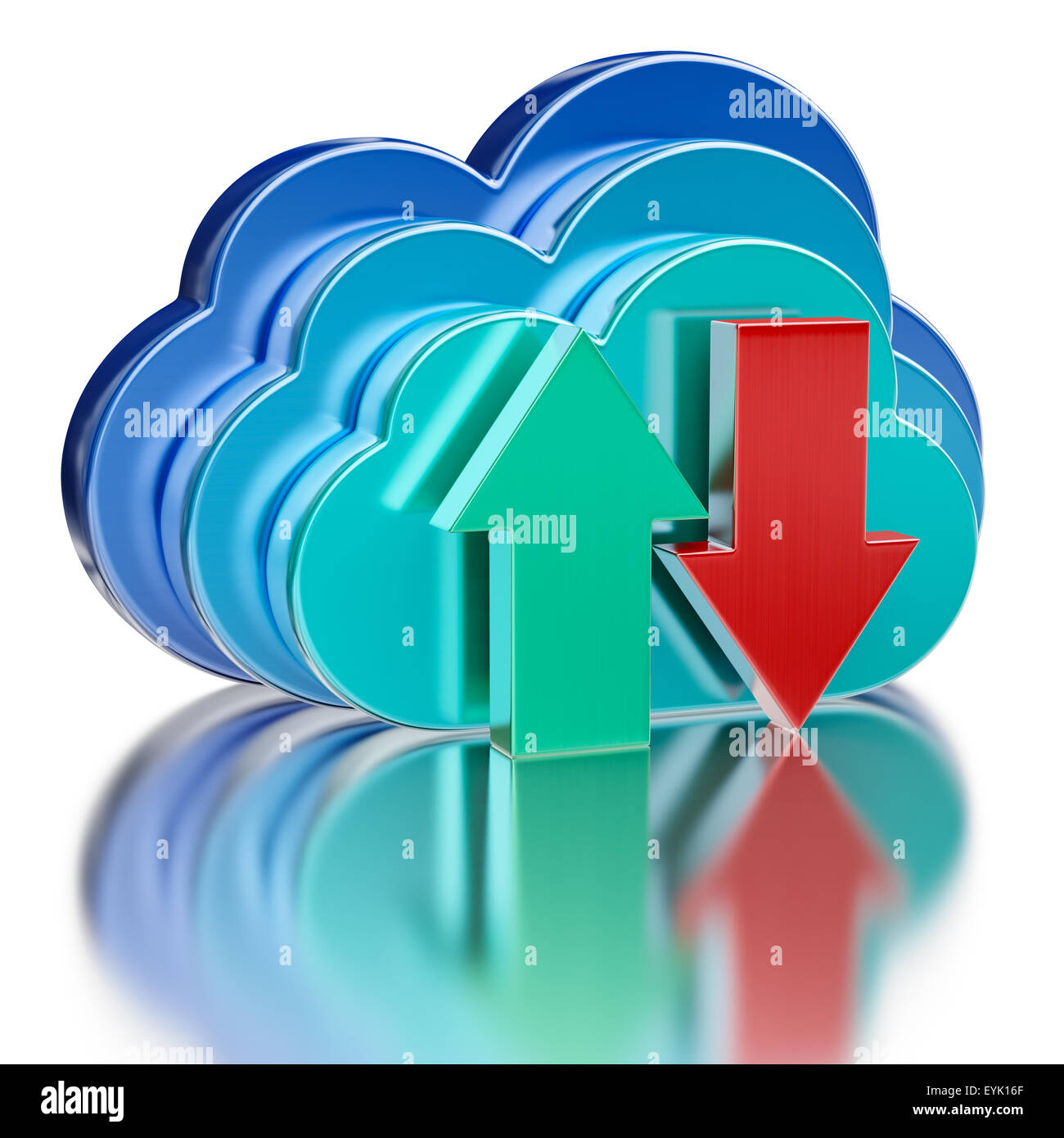 Remote database cloud computing technology storage upload download concept - 3 metal glossy cloud icons and download and upload  Stock Photo