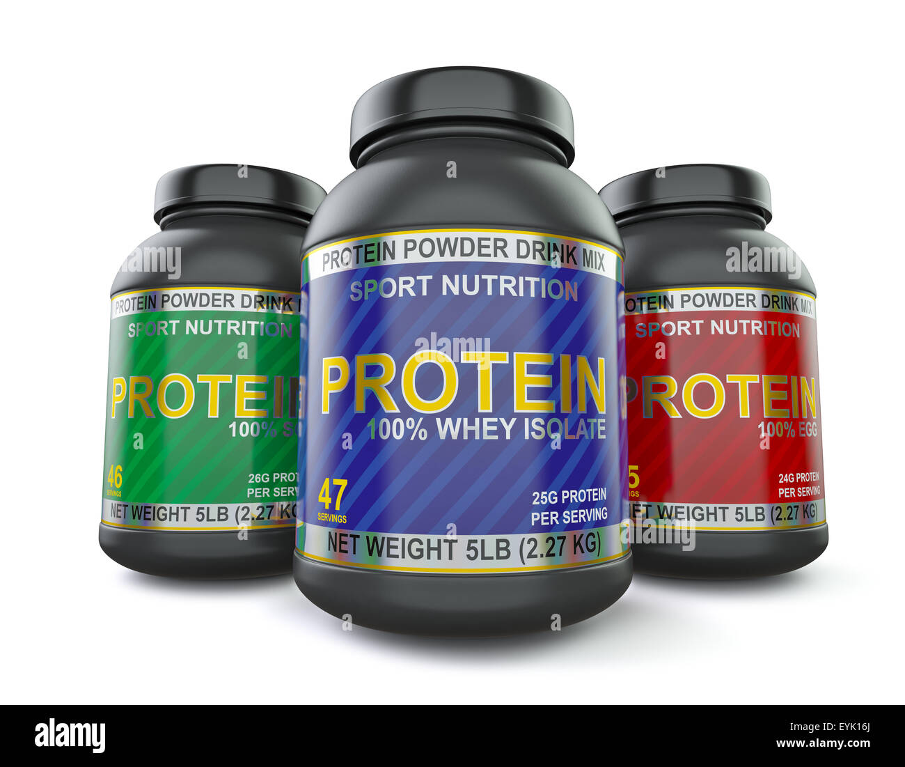 Sport nutrition and bodybuilding fitness supplements  concept - whey isolate, soy and egg protein jar cans isolated on white Stock Photo