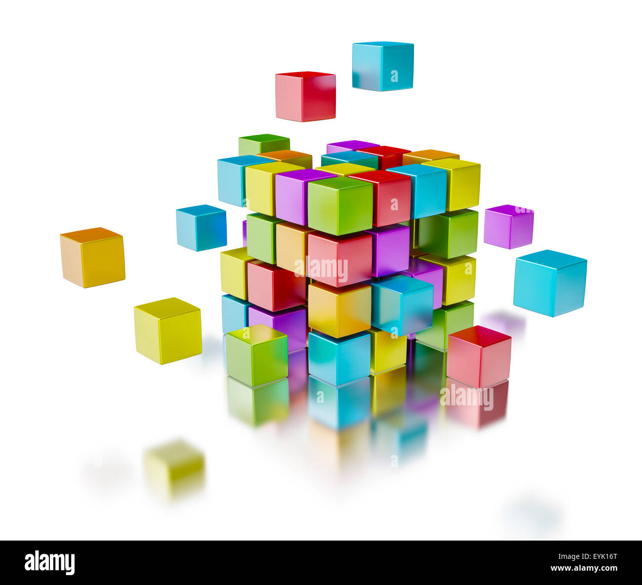 Business team teamwork collaboration concept - colorful color cubes assembling into  cubic structure isolated on white Stock Photo
