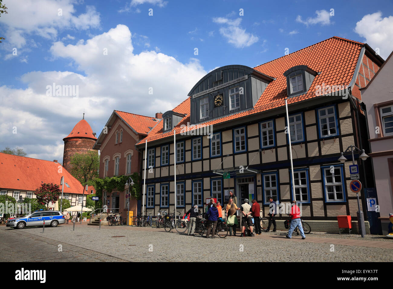 Biker group in front of town hall, Dannenberg, Wendland, Lower Saxony, Germany, Europe Stock Photo