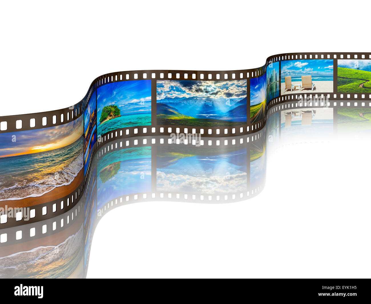 Global tourism travel concept - photo film with travel images with reflection on white background Stock Photo