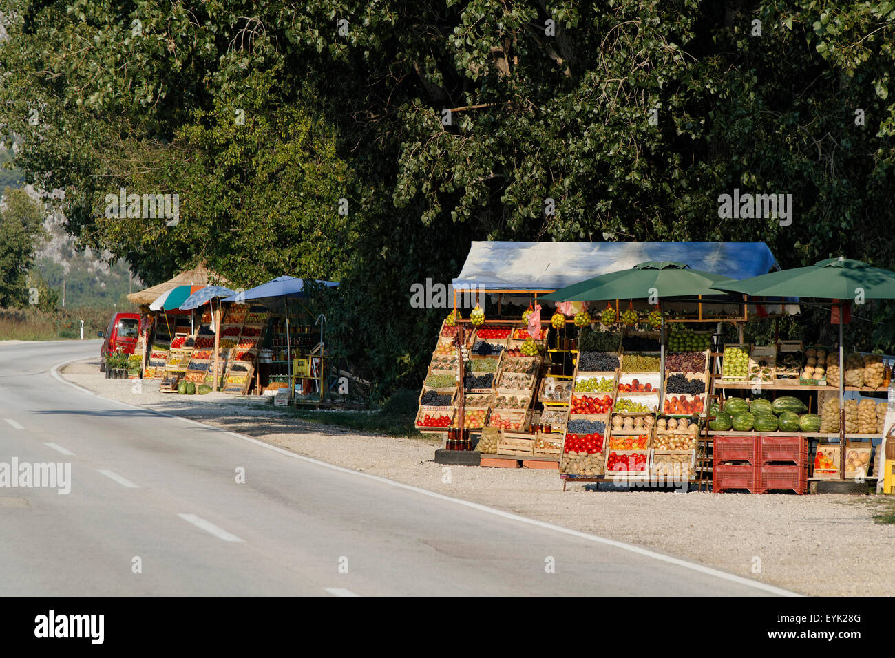Fruits and vegetables market stall by a road, Croatia Stock Photo