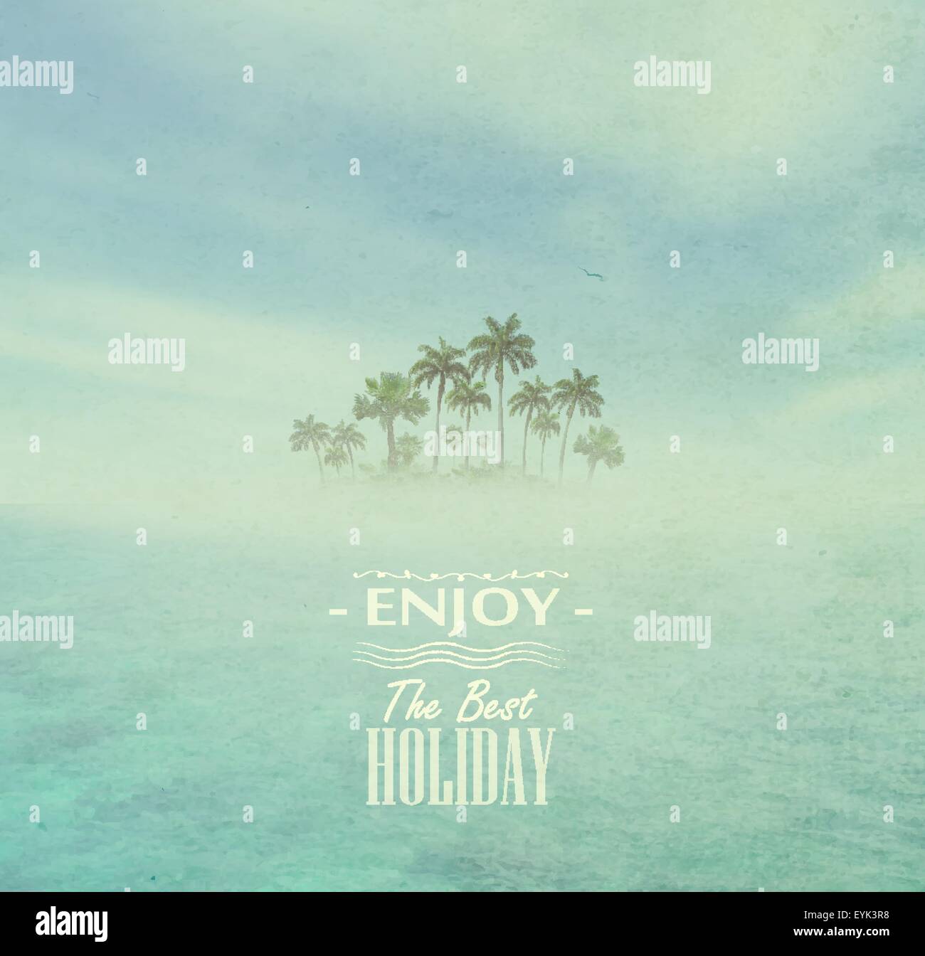 Dirty Background With Sky, Ocean, Tropical Island With Palms And Title Inscription Stock Vector