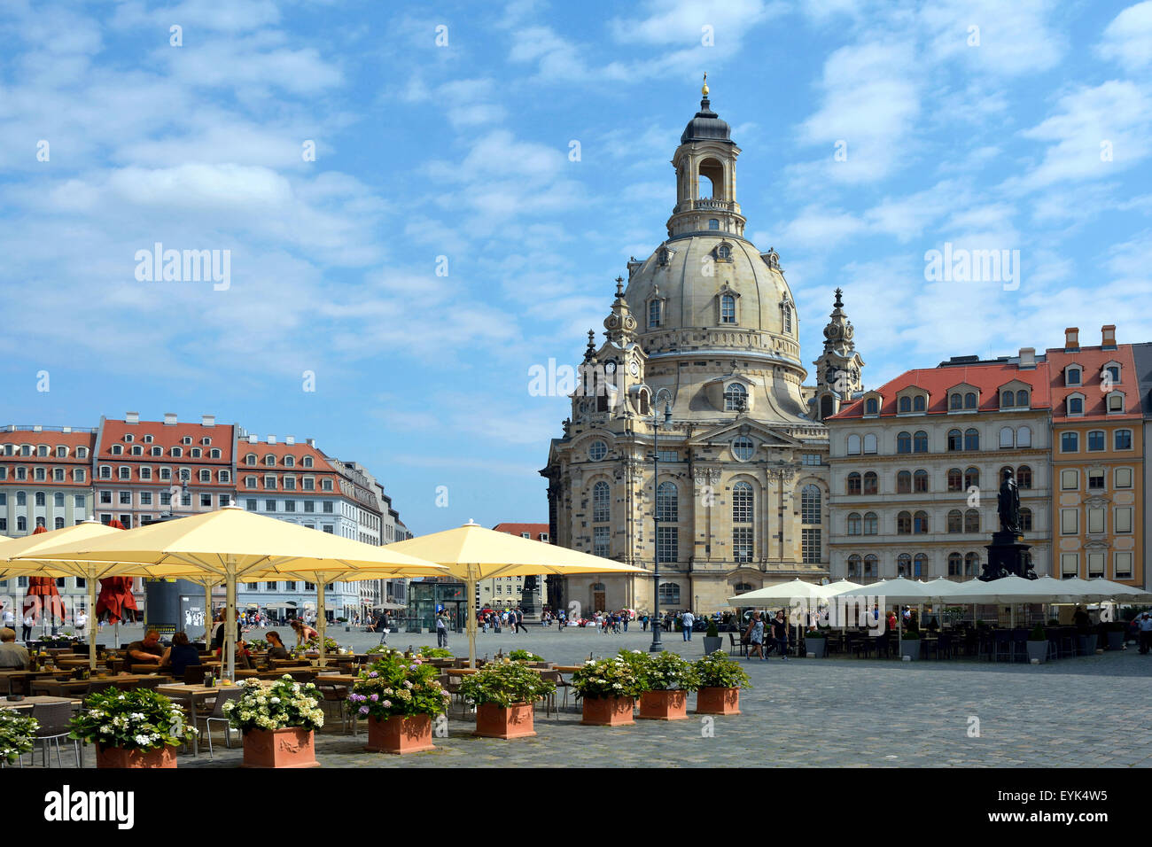Tourists at the Church of Our Lady on the New Market of Dresden in Germany. Stock Photo