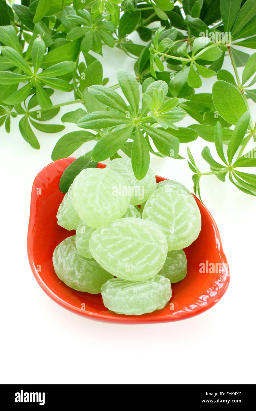 Fresh Woodruff and candies in a red porcelain dish Stock Photo