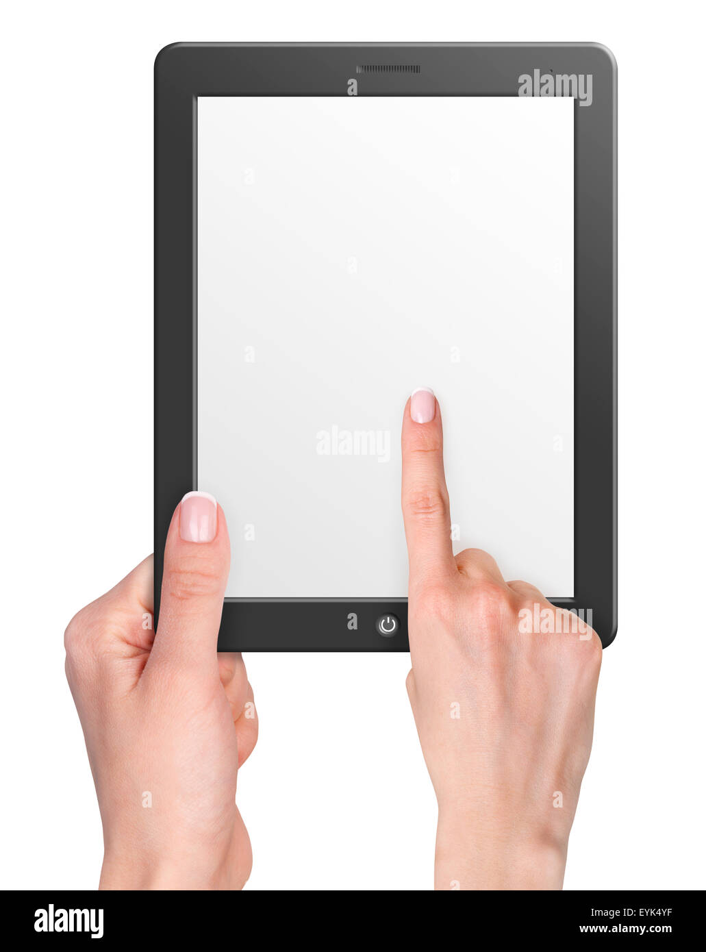 Modern computer tablet with hands. Black background Stock Photo
