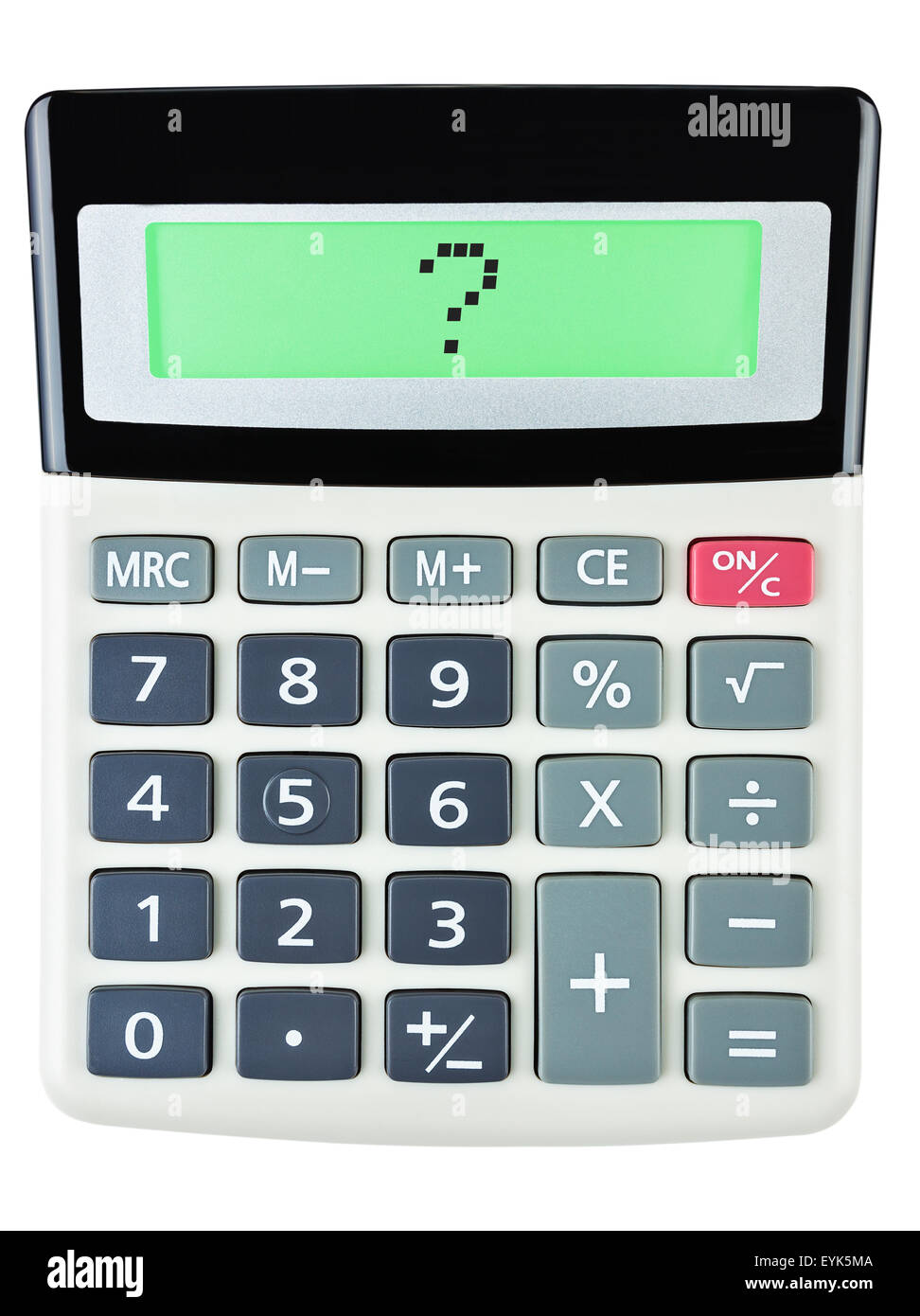 Calculator with question mark on display on white background Stock