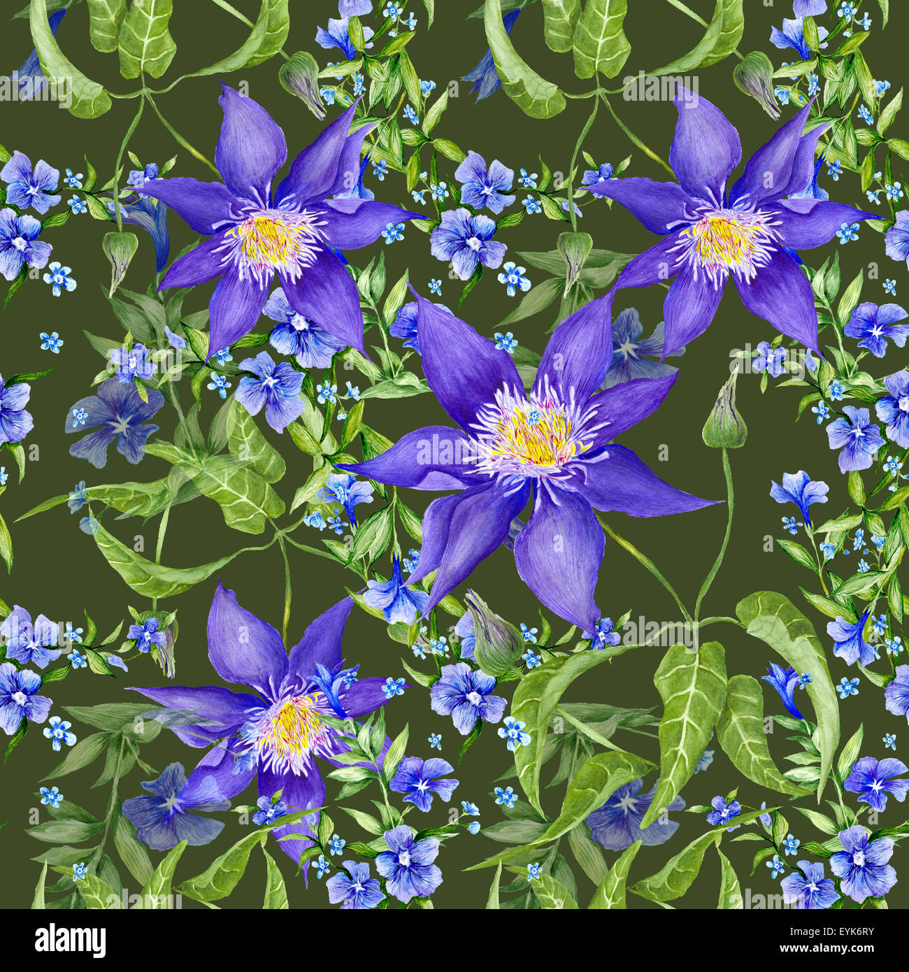Seamless watercolor pattern with purple clematis and periwinkle flowers for decor Stock Photo