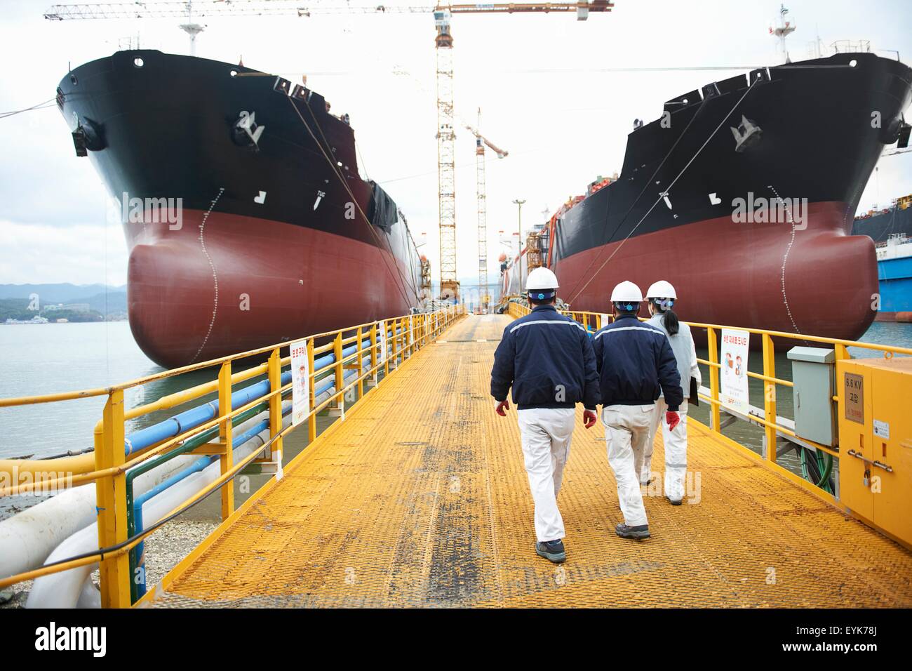 Three workers walking towards ships at shipping port, rear view, GoSeong-gun, South Korea Stock Photo