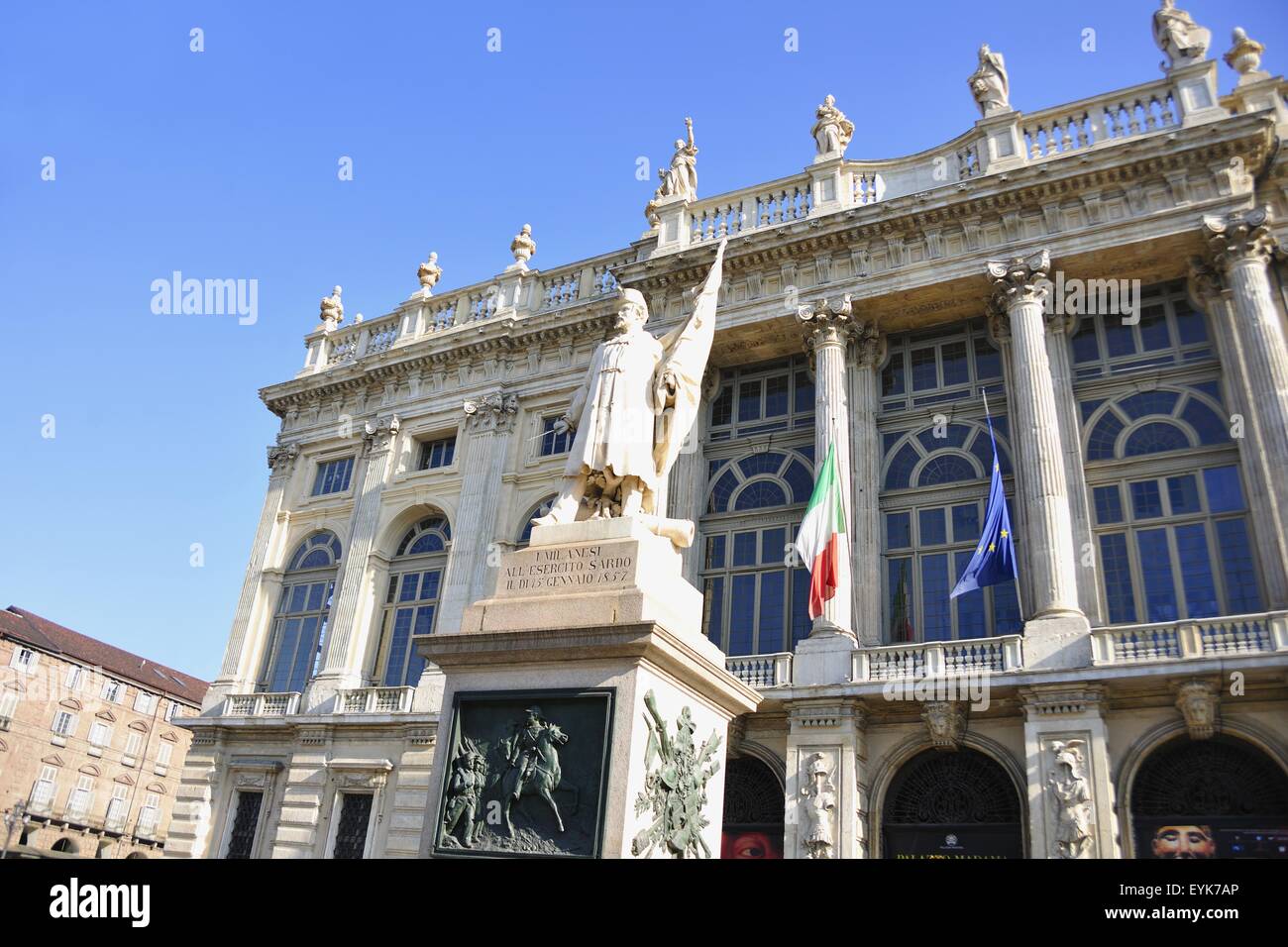 Madama Palace and Italian hero Garibaldi statue, Turin, Piedmont, Italy Stock Photo