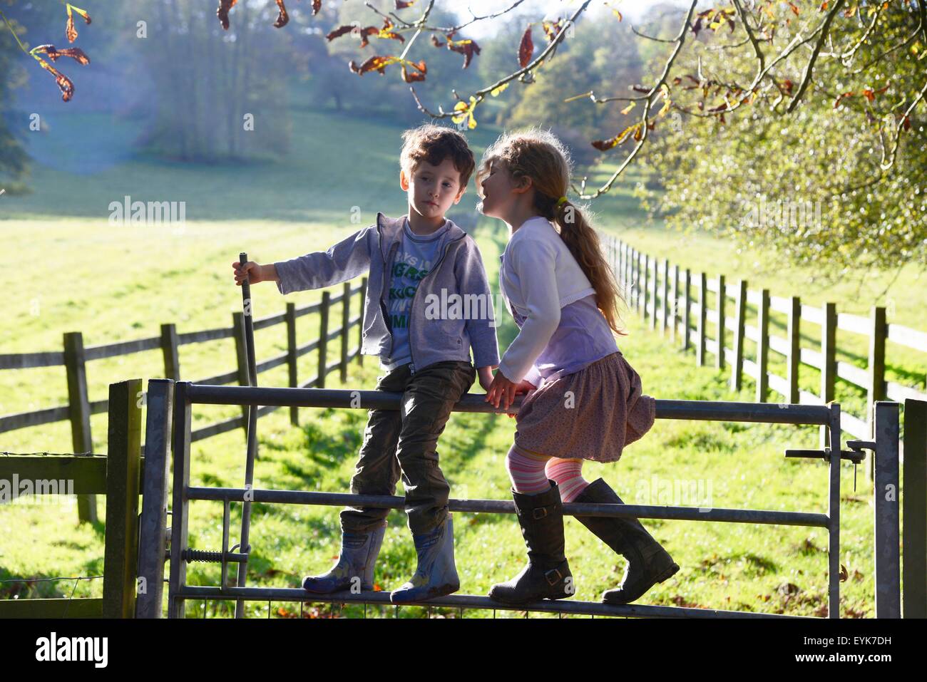 Girl whispering to twin brother whilst climbing over footpath gate Stock Photo
