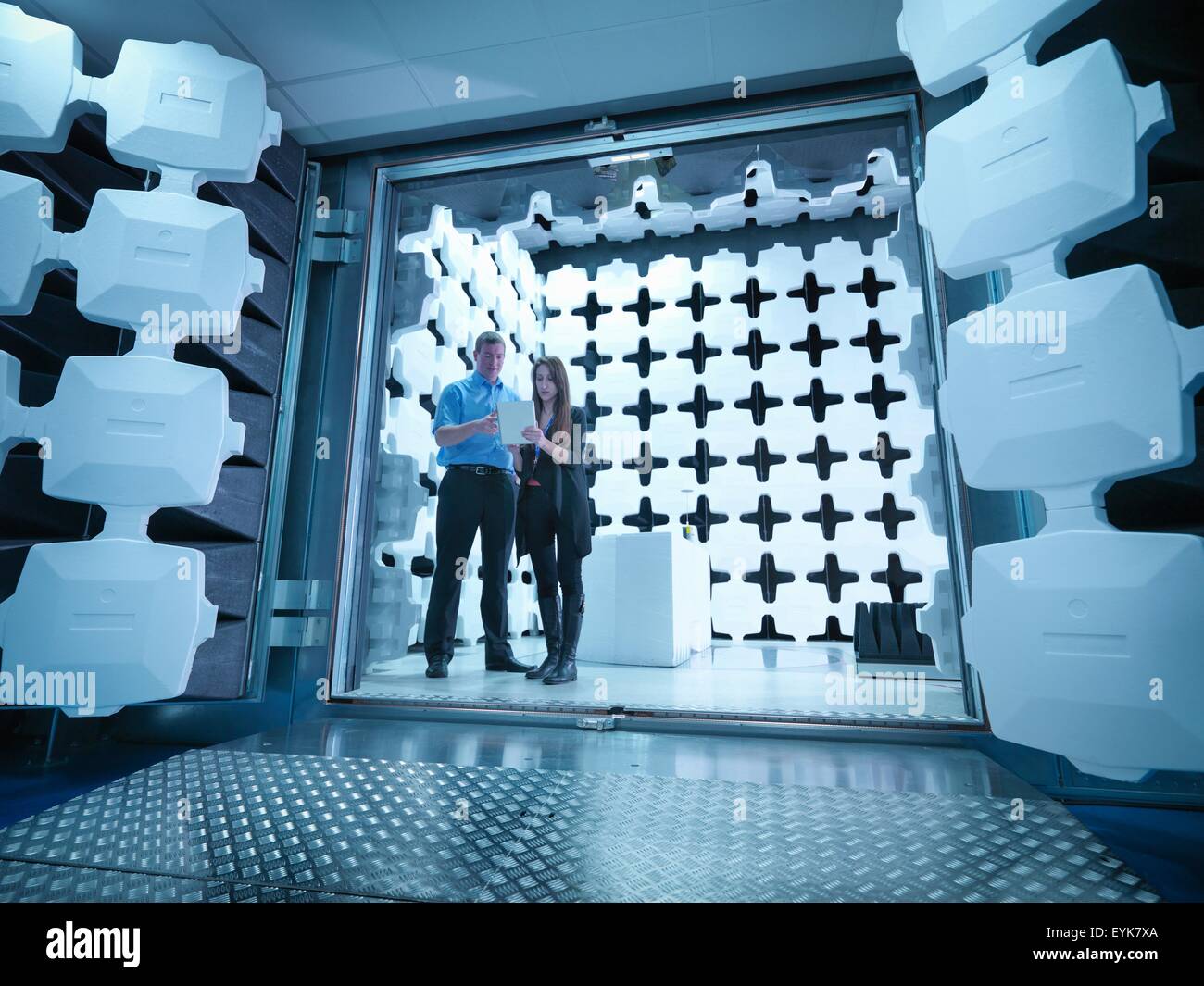 Engineers reviewing test results in laboratory in an anechoic chamber used for electromagnetic compatibility testing of electrical and electronic equipment Stock Photo