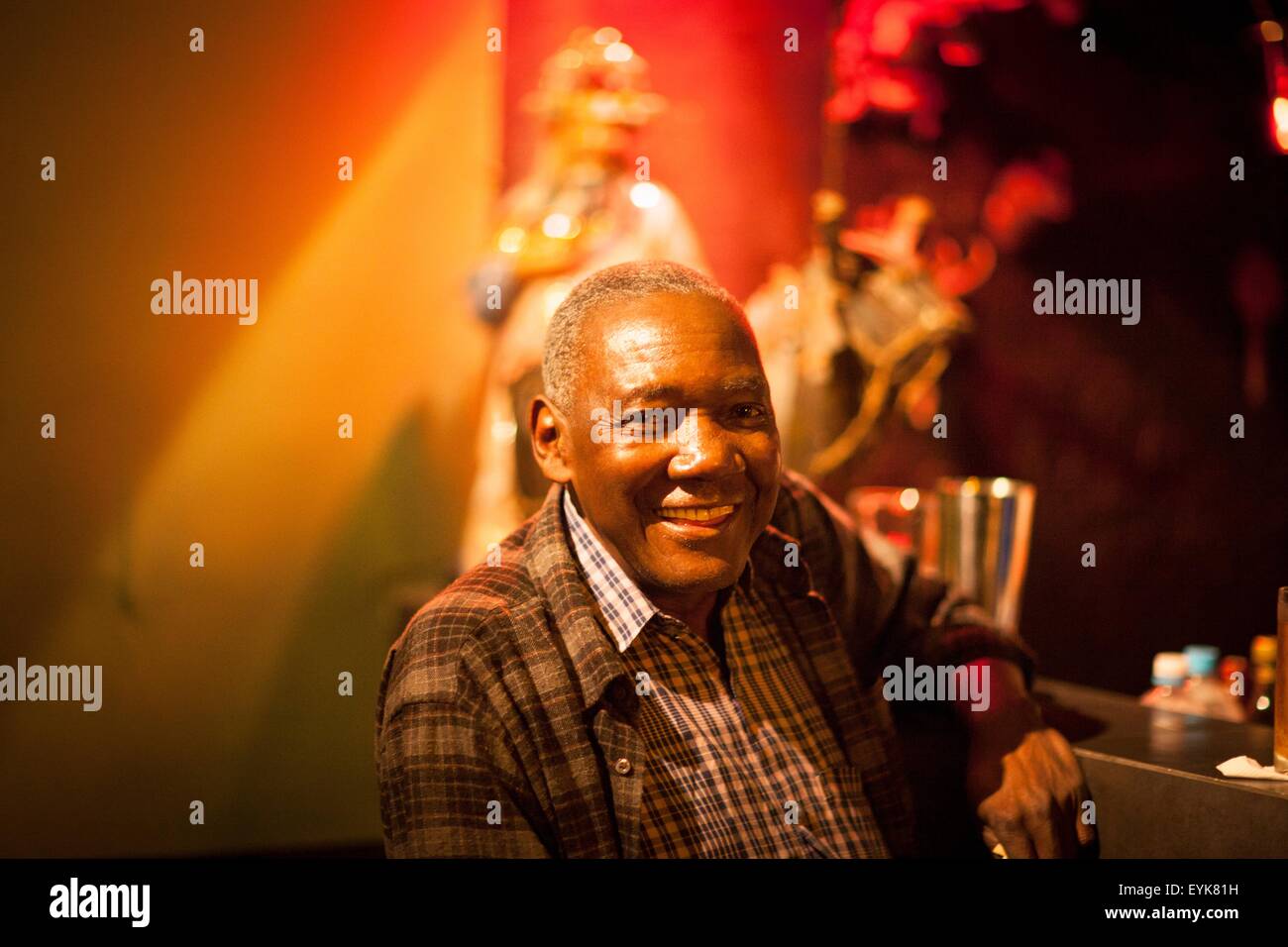 Portrait of senior man at cocktail bar, Rio De Janeiro, Brazil Stock Photo