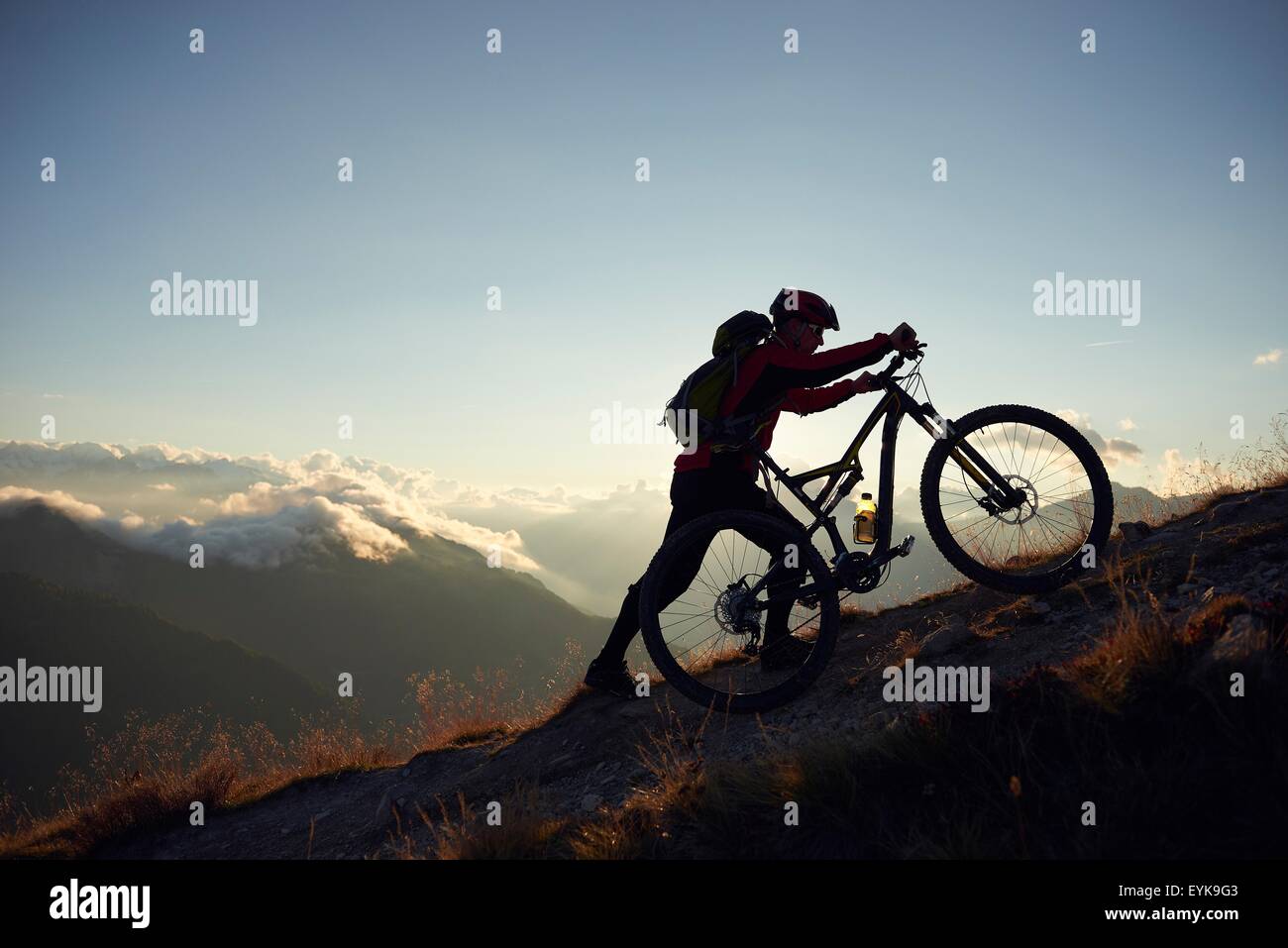 Mountain biker pushing bike uphill, Valais, Switzerland Stock Photo Alamy