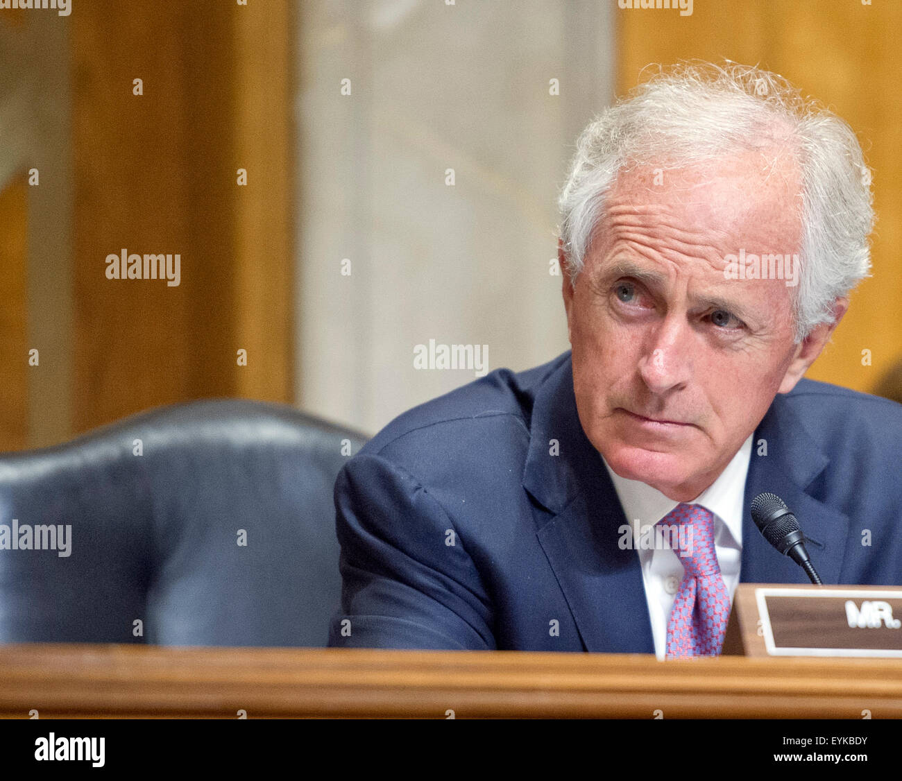 United States Senator Bob Corker (Republican of Tennessee), Chairman, US Senate Committee on Foreign Relations listens to testimony concerning 'Sanctions and the Joint Comprehensive Plan of Action (JCPOA)' on Capitol Hill on Wednesday, July 29, 2015. Credit: Ron Sachs/CNP - NO WIRE SERVICE - Stock Photo