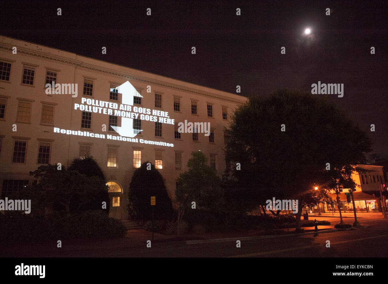 Washington, DC, USA. 30th July, 2015. Messages calling for action on climate change and attacking corporate polluters are projected on the headquarters of the Republican National Committee by the Sierra Club in collaboration with a group known as The Illuminators. © Jay Mallin/ZUMA Wire/Alamy Live News Stock Photo