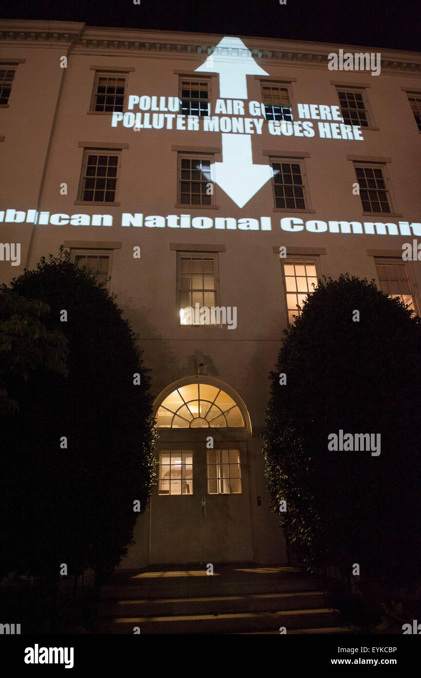 Washington, DC, USA. 30th July, 2015. Messages calling for action on climate change and attacking corporate polluters are projected on the headquarters of the Republican National Committee by the Sierra Club in collaboration with a group known as The Illuminators. © Jay Mallin/ZUMA Wire/Alamy Live News Stock Photo