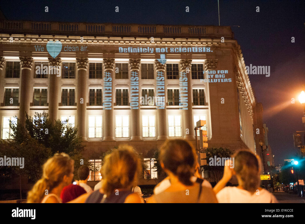 Washington, DC, USA. 30th July, 2015. Messages calling for action on climate change and attacking corporate polluters are projected on the headquarters of the U.S. Chamber of Commerce by the Sierra Club in collaboration with a group known as The Illuminators. © Jay Mallin/ZUMA Wire/Alamy Live News Stock Photo