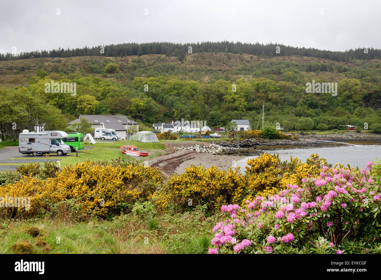 Campsite on coast overlooking bay and Sound of Mull. Craignure Isle of Mull Inner Hebrides Western Isles Scotland UK Britain Stock Photo