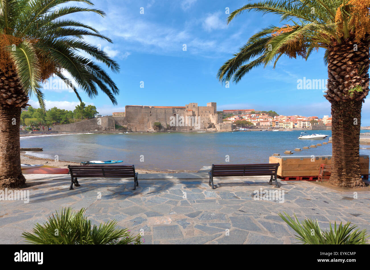 The bay and Royal Chateau of Colliour in Southern France. Stock Photo