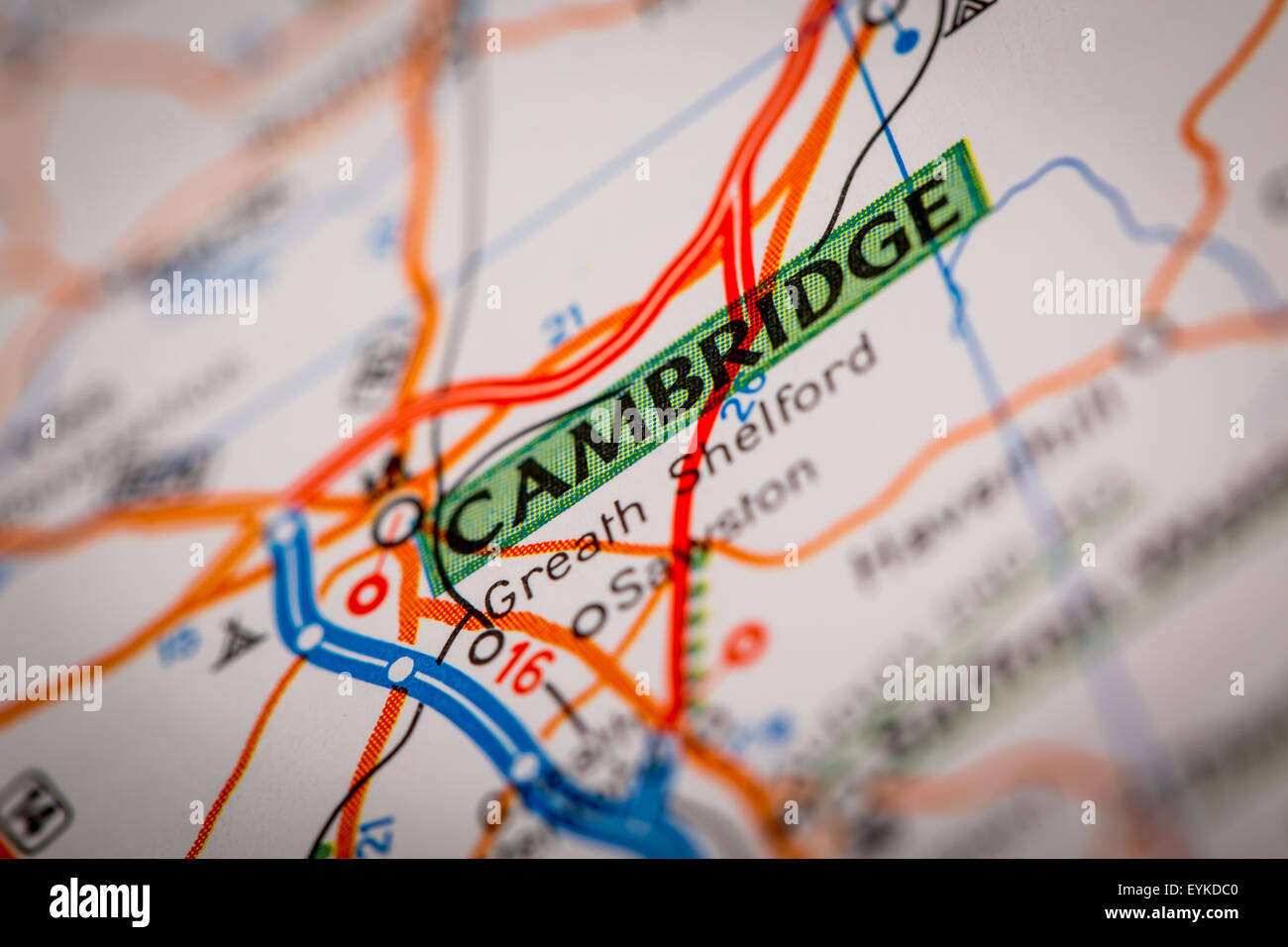Map Photography: Cambridge City on a Road Map Stock Photo