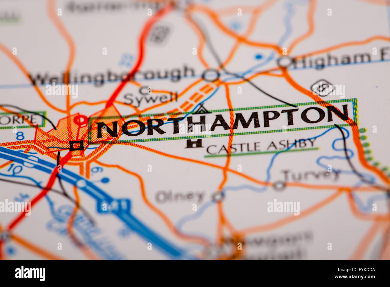 Map Photography: Northampton City on a Road Map Stock Photo