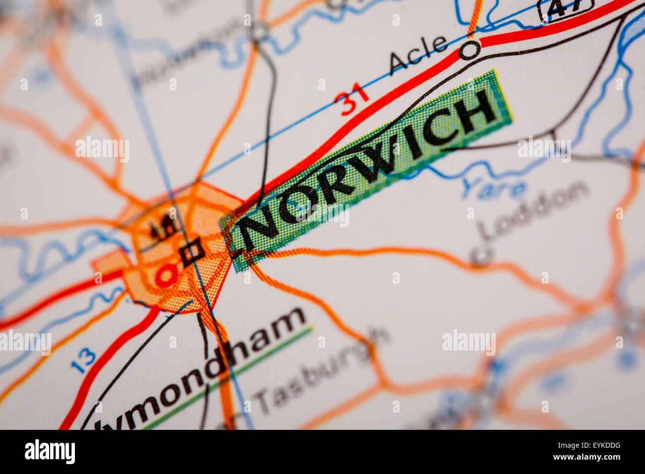 Map Photography: Norwich City on a Road Map Stock Photo