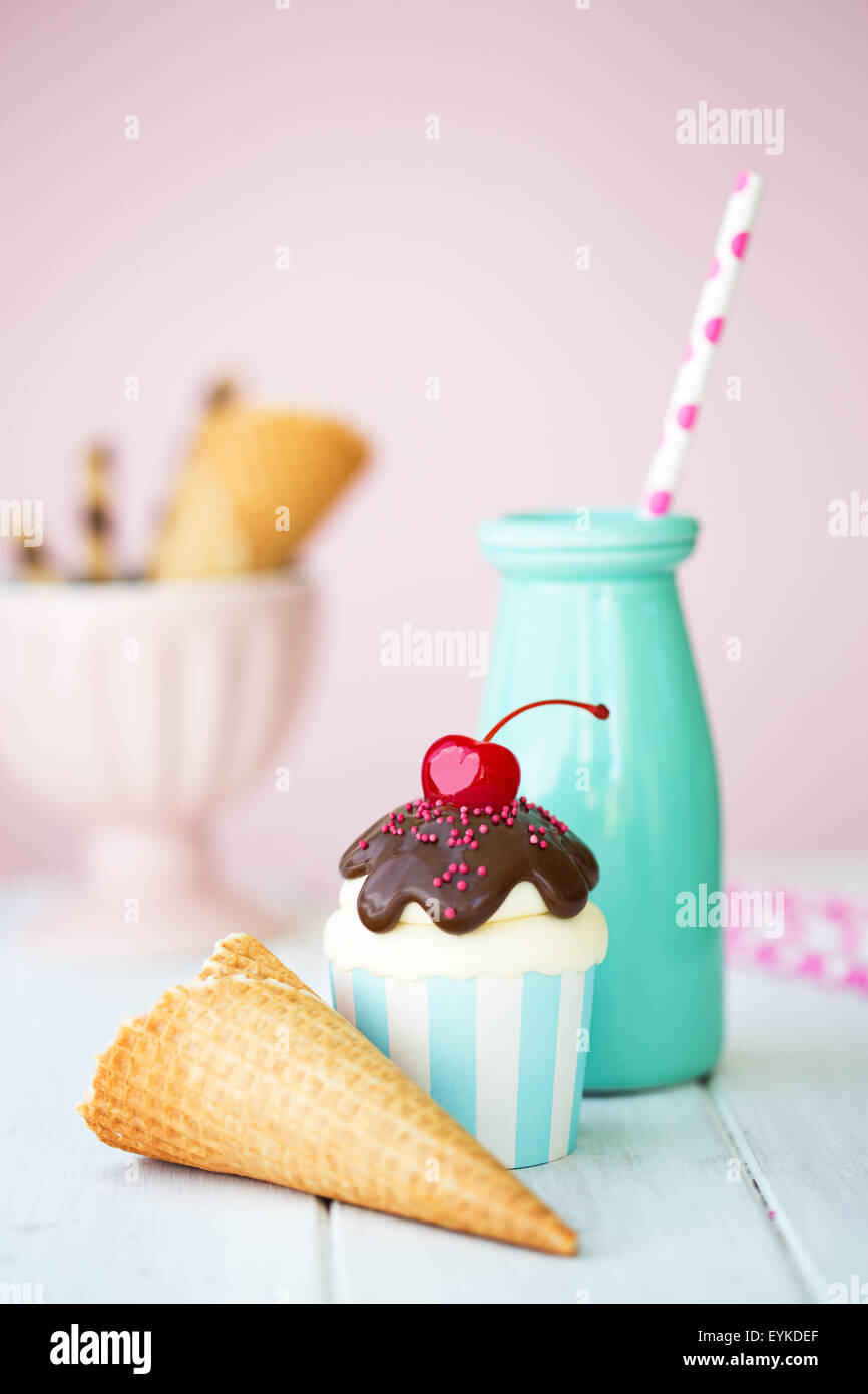 Ice cream sundae cupcake and milk Stock Photo