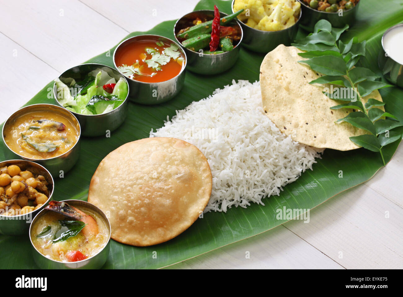 meals served on banana leaf, traditional south indian cuisine Stock Photo