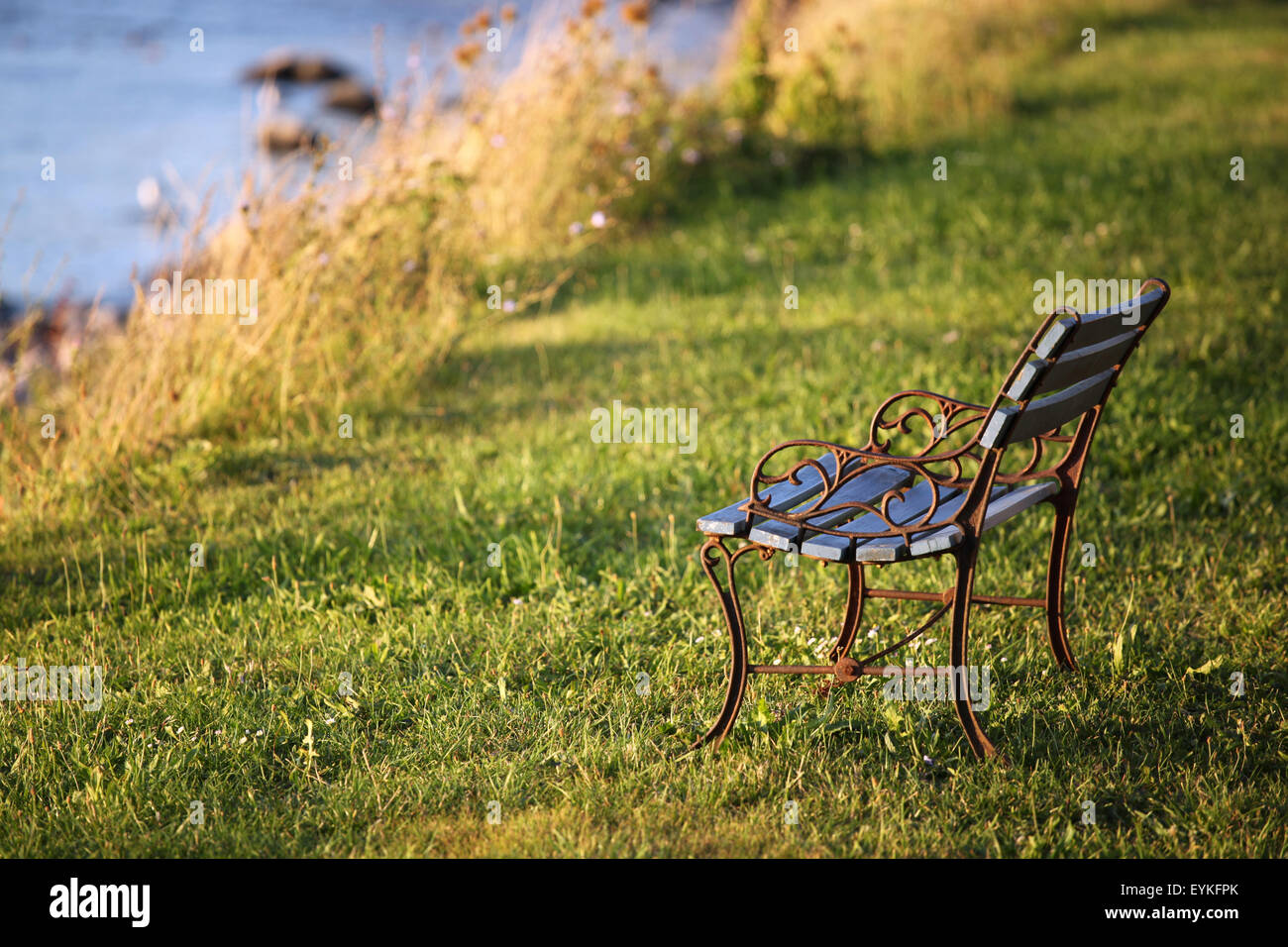 Antique bench on grass at seaside, calmness and thoughtfulness Stock Photo