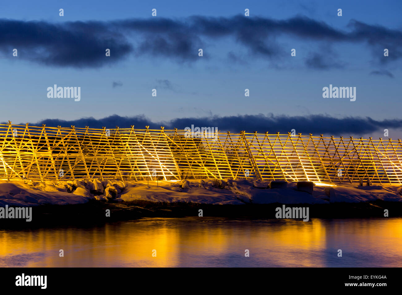 Wooden racks for stockfish, Svolvaer, Austvagoya, Lofoten, northern country, Norway Stock Photo