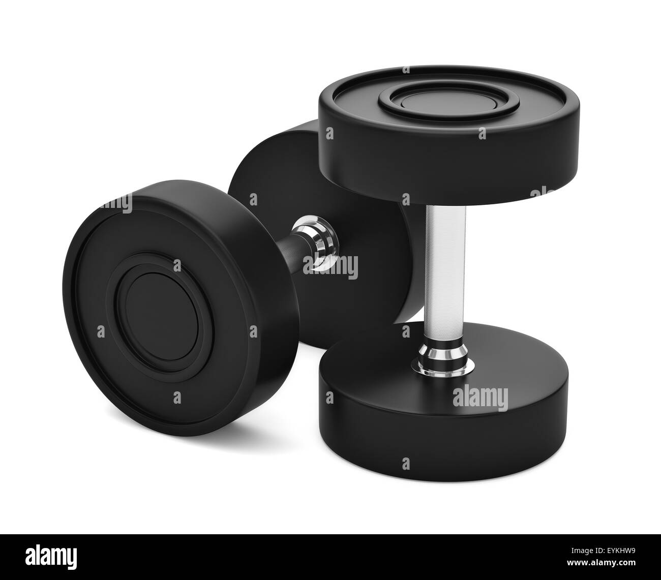 Professional grade poly urethane rubber coated dumbbels with chrome handles isolated on white. 3d render Stock Photo