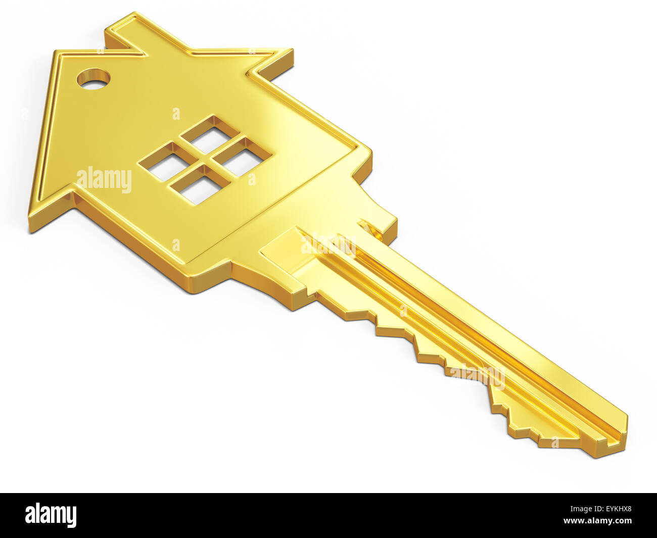 House safety rent real estate purchase concept - house shaped gold key isolated on white Stock Photo